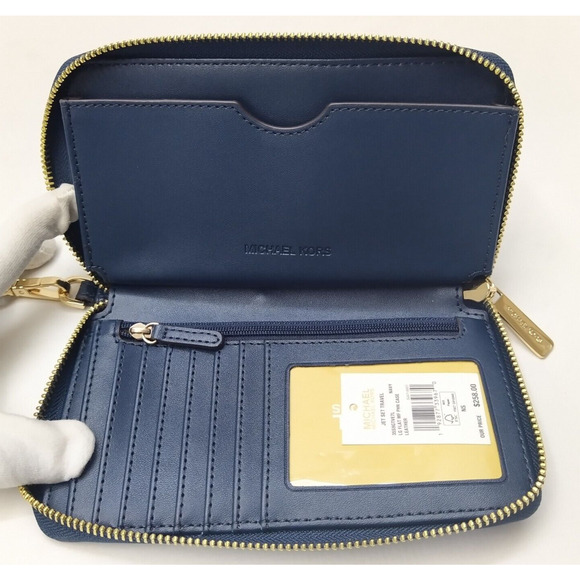 Michael Kors Jet Set Travel Navy Blue Leather Zip Around Phone Case Wallet - NWT - Picture 10 of 16